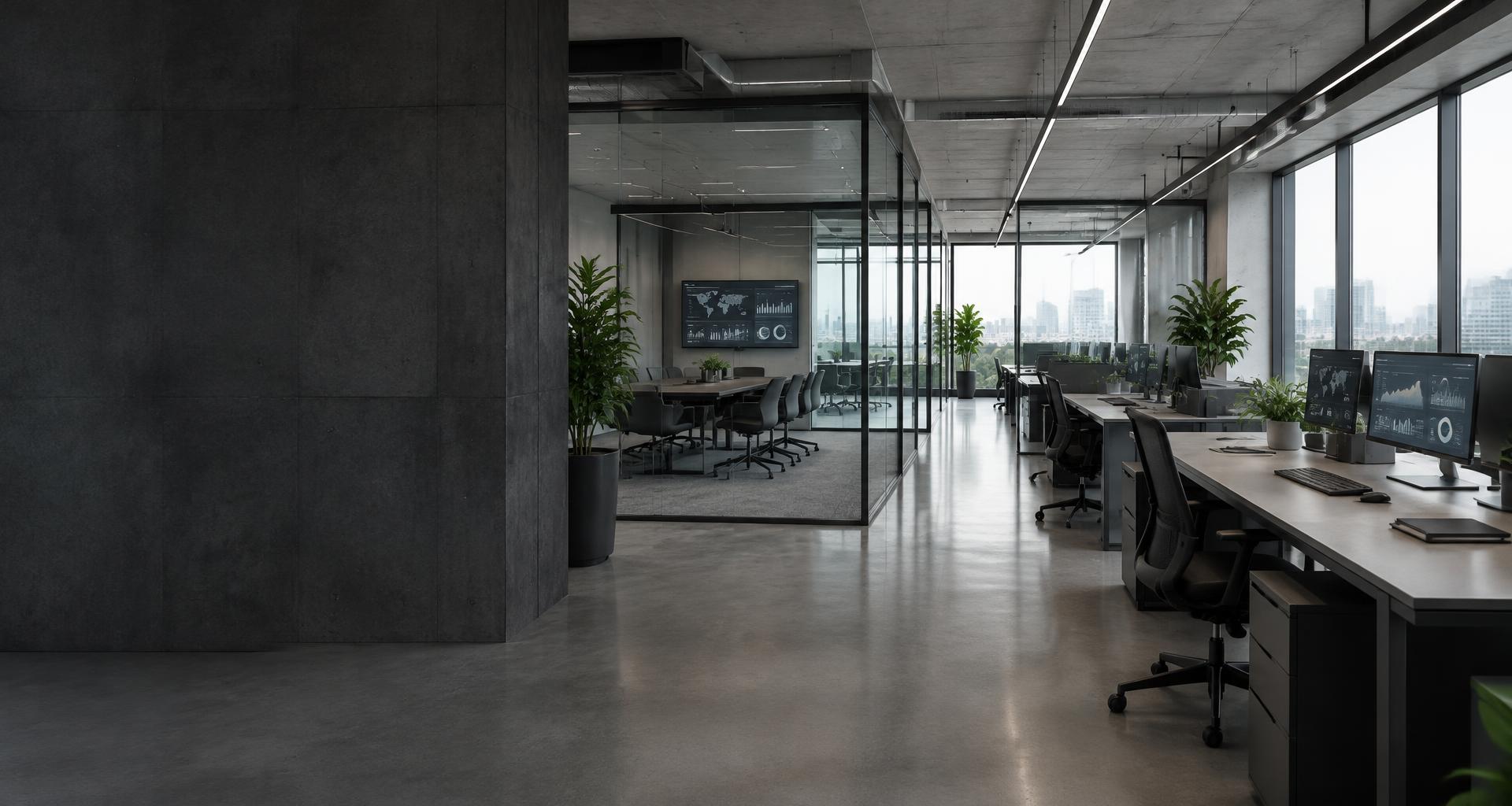 Ambiente corporativo moderno com espaços integrados de trabalho